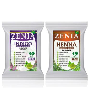 Zenia 100 Pure Indigo Powder and Henna Powder Hair Color Combo Kit  for Coloring Hair and Beard Black  100 Grams Each  All Natural Chemical Free PPD-free Ammonia-free
