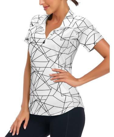 Zamowoty Women's Short Sleeve Golf Shirts 1/4 Zip Up Loose Yoga Running Workout Tops White Large