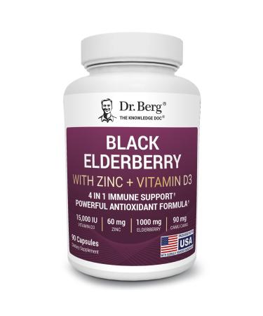 Dr. Berg Black Elderberry Capsules (Advanced Immune Support*) with 15 000 IU Vitamin D 60 mg of Zinc & 90 mg of Camu Camu - (4-in-1) Sambucus Elderberry Immune Support Supplement - 90 Capsules