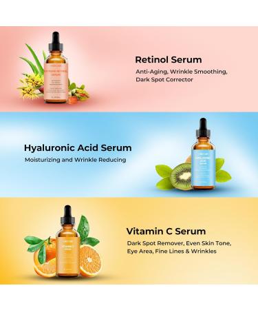 Face Serum Set - Anti-Aging Retinol Vitamin C & Hyaluronic Acid - Skin Firming & Wrinkle Smoothing for Women - 3x1oz - Buy Online on GoSupps.com