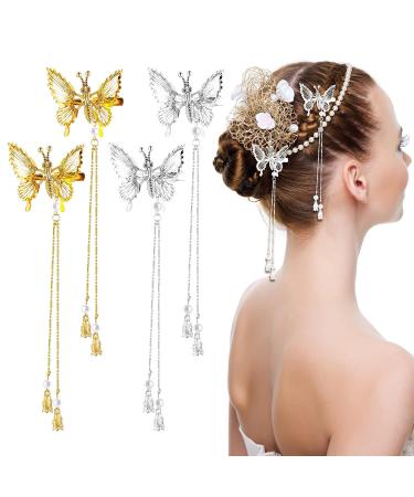 Sibba 4 Pcs Moving Wings Butterfly Hair Clips with Tassel | Bride Wedding Hairpin for Women and Girls - Buy Online on GoSupps.com