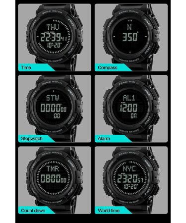 Mens Military Digital Sports Watch with Survival Compass | 50M Waterproof, 3 Alarm, Stopwatch | Black - Buy Online on GoSupps.com