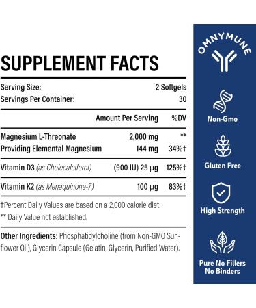 Buy High Strength Liposomal Magnesium L-Threonate 2000mg with Vitamin D3 & K2 - Non-GMO Supplement (60 Pieces 2-Pack) | Fast International Shipping - Buy Online on GoSupps.com