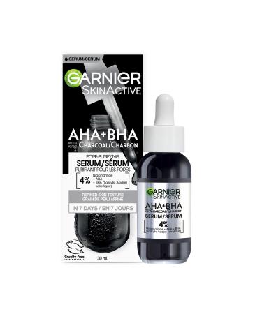 Garnier Charcoal Serum Pore-Purifying Mattified Looking Skin With 4% AHA + Salicylic Acid + Niacinamide Anti-Blemish Suitable for Sensitive or Acne Prone Skin Vegan Formula SkinActive 30ml