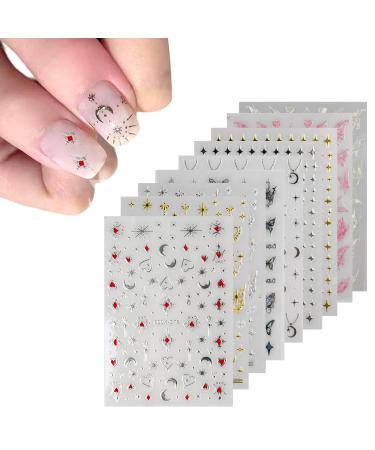 9 Sheets Nail Art Stickers Color Laser Butterfly Star Moon Sun Nail Decals Self-Adhesive Gold Silver Nail Supplies Manicure Art Design Decoration Accessories for Girls Women Nail Studio