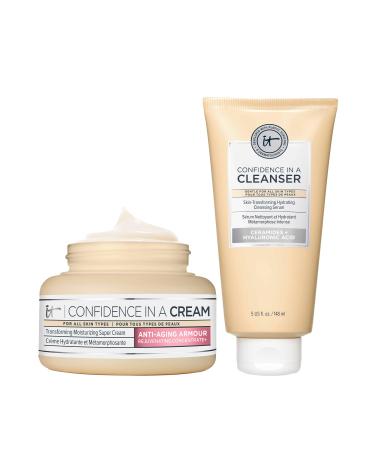 IT Cosmetics Confidence in a Cream & Confidence in a Cleanser Bundle - Anti Aging Face Moisturizer with Ceramides (4 fl oz) - Hydrating Foaming Face Wash with Hyaluronic Acid (5 fl oz)