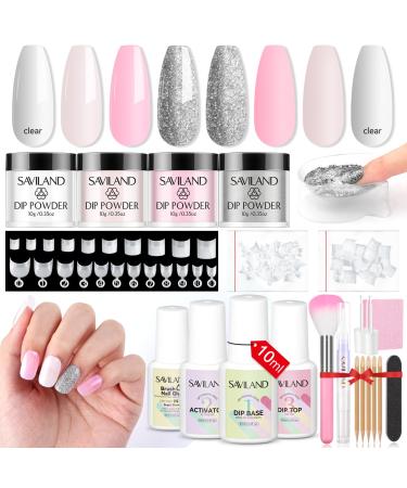 Saviland Dip Powder Nail Kit Starter with Tips Clear Nude Pink Glitter 4 Colors Dip Powder Liquid Set Recycling Tray with Base Top Coat Activator Dip Powder Kit for French Nail Art Manicure DIY Salon A2-Dip Powder Nail Kit Starter