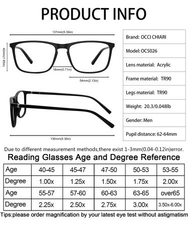 OCCI CHIARI Large Reading Glasses 1.0 Men's Rectangle Readers with Spring Hinge - Matte Black | 1.0 Magnification - Buy Online on GoSupps.com