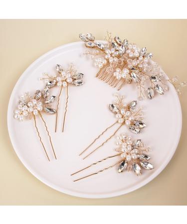 Wedding Hair Accessories for Brides  Beusoulover Bridal Hair Accessories   5 Pieces (Pearl Hair Comb + 4pcs Silver Hair Pins) for Women and Girls  Brides  Bridesmaids and Mother of Brides Vintage Gold Headpieces (Gold) (...
