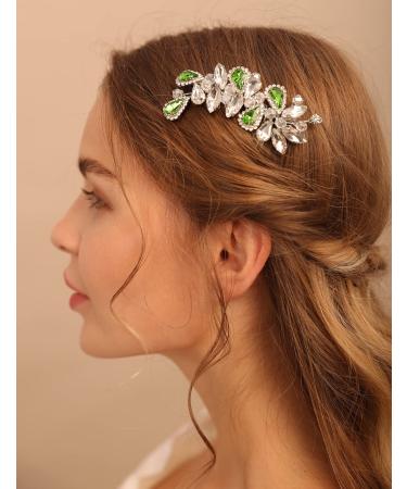 Deniferymakeup Bridal Hair Comb Rhinestone Teardrop Hair Comb Bridal Hair Accessory Crystal Gift for Her Party Headpiece (Silver Green)