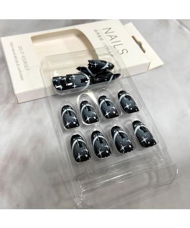 Medium Oval Press on Nails - Black Cat Star | Glossy Reusable Artificial Nails for Women | Full Cover Stick-On Acrylic Manicure - Buy Online on GoSupps.com