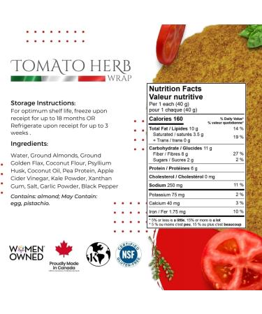 Certified Gluten Free: Piccola Cucina Keto Almond Flour Wraps - Tomato Herb | (30 Wraps- Wholesale) High Protein | Fiber-Rich | Low Net Carbs | Flexible & Versatile - Buy Online on GoSupps.com
