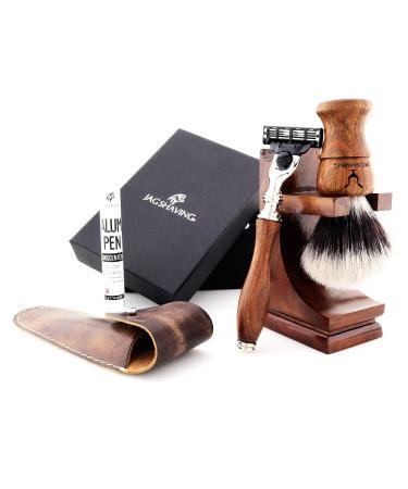 JAG Shaving Razor Set - Sustainable 4 -part razor set made of wood - synthetic silver spitzhaar razor brush - 3 razor blades of shaving plane - shaving rapids - leather bag for razor planes