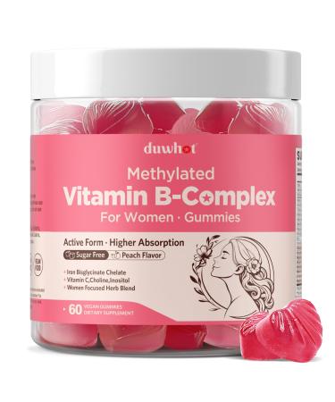 duwhot Methylated B-Complex Vitamins for Women Gummies All B Vitamins with Active B12 Methylfolate Iron Bisglycinate & Women-Targeted Herb Blends 60 Vegan Gummies Sugar-Free Peach Flavor