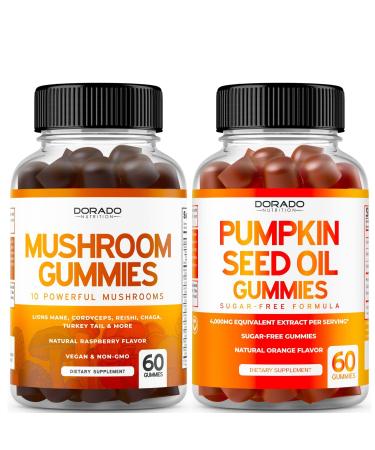 DORADO NUTRITION Mushroom Gummies (60 Count) 10 in 1 Supplement for Focus & Brain Support and Pumpkin Seed Oil Gummies (60 Count) Hair Growth and Bladder Control Supplement - Non GMO & USA Made