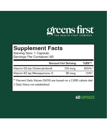 Greens First Vitamins D3+K2 - Support for Heart Bone Vascular and Immune Health - Made with Vitamin D3 & Vitamin K2-60 Vegetable Capsules - Buy Online on GoSupps.com