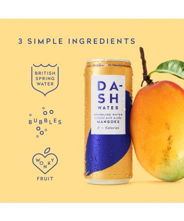 Dash Water Raspberry & Mango - 24 x Flavoured Sparkling Spring Water NO Sugar NO Sweetener NO Calories - Infused with Wonky Fruit (12 Raspberry & 12 Mango x 330ml cans) - Buy Online on GoSupps.com