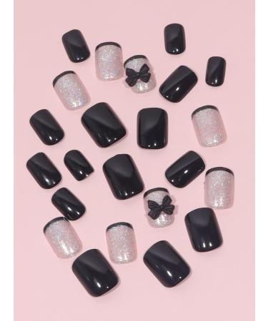 24pcs Black Glitter Bow Coffin Fake Nail Bow 3D Press on Nails Black Glitter Short Square Nails Luxurious Nails Acrylic Nails Fake Nails For Women Girls - Buy Online on GoSupps.com