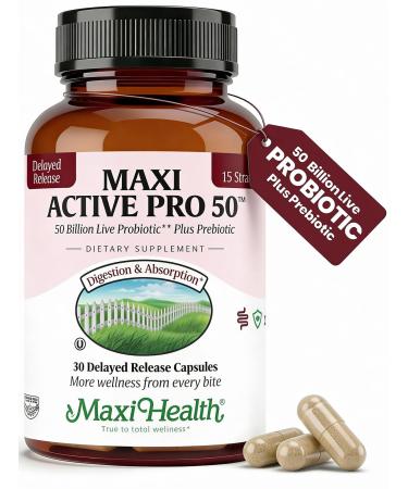 Maxi Health Probiotic Plus Ultimate Prebiotic Advanced Live Probiotics Formula - 50 Billion Live Active Probiotic - 15 Strains - Ultra Protection - Active Pro-50-30 Count 30 Count (Pack of 1)