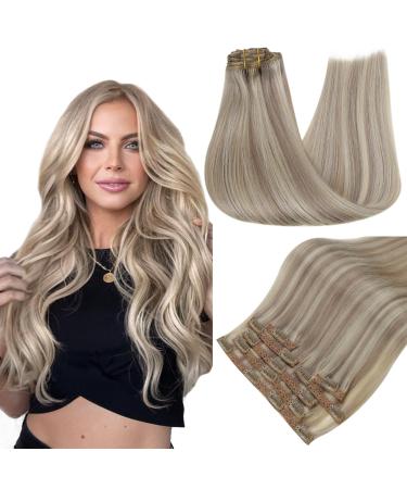 Runature real hair Extensions clip blond highlights 35cm clip extensions real hair cheap clip in extensions real hair darkas blonde with platinum blonde human hair 120g 7PCs #19ap60 35cm-7PCs #19ap60
