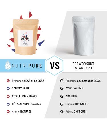 Nutripure | Pure Workout | Dietary Supplement | Pre Workout without Caffeine | EAA BCAA Citrulline Kyowa Beta Alanine CarnoSyn Tyrosine | Natural Blueberry Flavor | 15 x 21g | Made in France - Buy Online on GoSupps.com