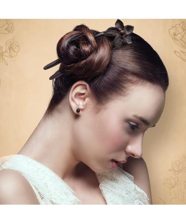 Noverlife 2PCS Handcrafted Ebony Sandalwood French Style U-Shaped Hair Forks with Flower Design - Elegant Updo Chignon Pins for Women and Girls - Buy Online on GoSupps.com