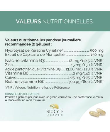 BIOCYTE Pack Keratin Forte 500mg - Food Supplement - Hair Resistance - Keratin Montpellier Capillary Vitamin B8 Zinc Copper - 120 Capsules - 60 Days - Buy Online on GoSupps.com