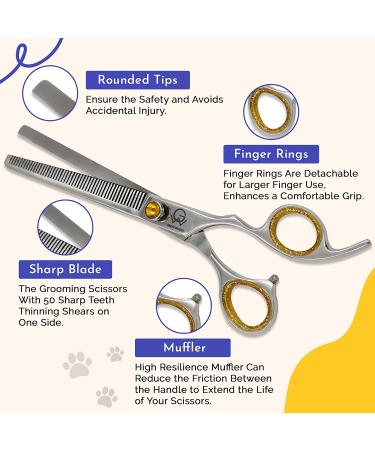 GW 8.5'' Thinning Grooming Scissor for Cats and Dogs - 50 Teeth Professional Shears with Yellow Jeweled Screw, J2 Stainless Steel, Safety Round Tip - Silver - Buy Online on GoSupps.com