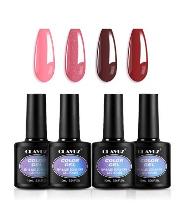 CLAVUZ Gel Nail Polish Set 4 Colors Pink Brown Red Glitter Gel Polish Set UV/LED Soak Off Nail Gel Polish Nail Art Manicure Salon DIY Nail Polish Gel Beauty Gifts 10ml SET04
