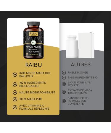 Maca Noire BIO du P rou - Haute concentration 12 800 mg Maca Noire du P rou par Jour ( quivalent 3 200 mg) - R gulateur Hormonal D tente nergie - 180 G lules - Avec vitamine C - sans OGM - Buy Online on GoSupps.com
