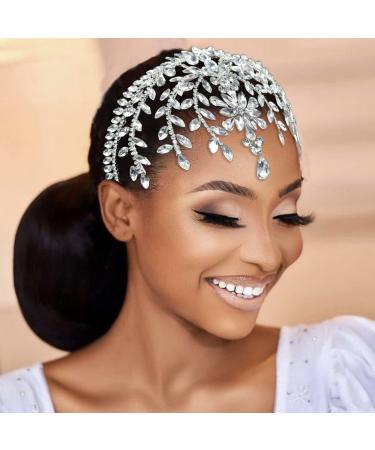 WONRLUA Wedding Headpiece for Bride  Rhinestone Forehead Bridal Headband  Wedding Hair Accessories for Brides Silver