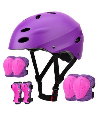 Kids Bike Helmet Adjustable, Knee Elbow Wrist Pads Set for Youth Boys Girls Ages 5-8,Protective Gear Set for Skateboard, Bike, Roller Skating, Cycling, Scooter Pink+Purple