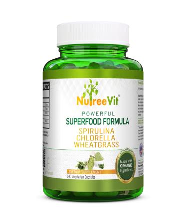 NutreeVit Pure 100% Organic Spirulina + Chlorella + Wheatgrass - Powerful Superfood - Veggie Capsules | 500mg 240 Count (Pack of 1)