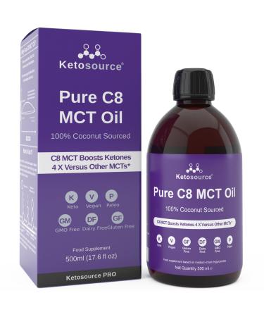 Ketosource Pure C8 MCT Oil | Boosts Ketones 4X Versus Other MCTs | Highest 99%+ Purity | 100% Coconut Sourced | Supports Keto & Fasting | Vegan Safe | Premium Lab Tested Purity 500ml BPA-Free Plastic