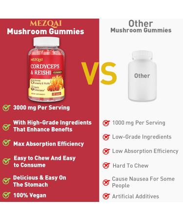 Mezqai Mushroom Gummies Cordyceps Reishi Mushroom Supplement Gummies for Adults with Green Tea Extract Brain Supplements for Memory and Focus Energy Athletic Performance* Rest - 60 Count - Buy Online on GoSupps.com