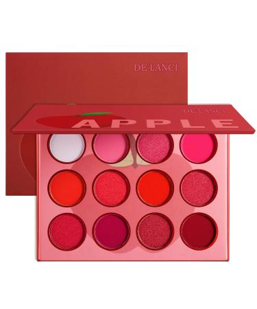 Red Pink Eyeshadow Palette, DELANCI Professional Matte Shimmer High Pigmented 12 Colors Eye Shadow Makeup Pallet, Waterproof Blendable Small and Cute Eye Shadow Makeup Pallete, Vegan and Cruelty Free apple