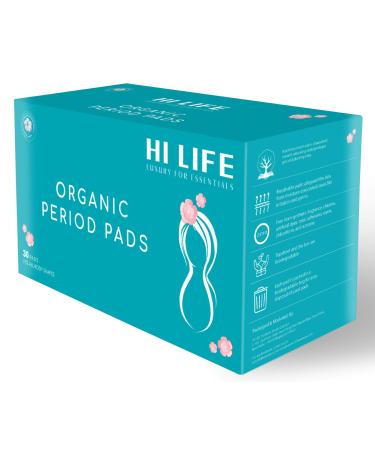 Hi Life Organic Pads | Sanitary Napkin | Pads for Women | Overnight & Heavy Flow | Super-Absorbent with Biodegradable Disposal Bag & Unique Honeycomb Lock Structure for Rash-Free Periods - Pack of 30 30 Count (Pack of 1)