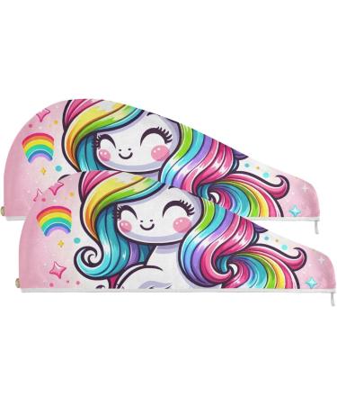 Shop Cute Cartoon Rainbow Unicorn Hair Towel 2 Pack Super Absorbent Quick Dry Turbans for Women & Girls - Buy Online on GoSupps.com
