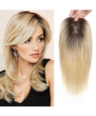 Hair Toppers forThinning Hair Women Real Hair Blonde Human Hair Topper 10 Inch Clip in Hair Toppers Hair Toppers for Women Human Hair Light Blonde Shades with Medium Brown(T4/16/613#)
