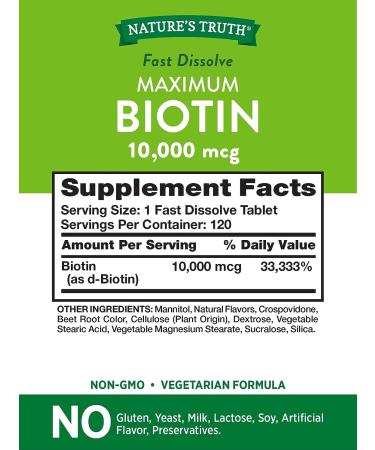 Nature's Truth Biotin 10000mcg 120 Fast Dissolve Tablets - Maximum Strength Hair Skin and Nails Supplement - Natural Berry Flavor - Vegetarian Non-GMO Gluten Free - Buy Online on GoSupps.com