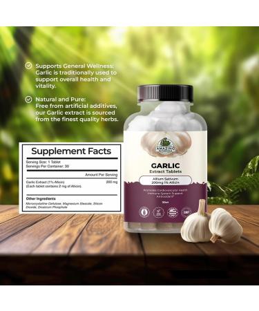 Amazing Botanicals Garlic Extract Tablets - Allium Sativum 200mg 1% Allicin - High Potency Herbal Supplement for Wellness and Vitality - 30 Count - Buy Online on GoSupps.com