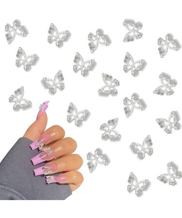 3D Alloy Butterfly Nail Charms 20pcs Metal Butterfly Nail Gems Nail Rhinestones Shiny Crystal Nail Art Charms Nail Decoration for Nails DIY Manicure Jewelry Accessories Women Nail Supplies(Silver)