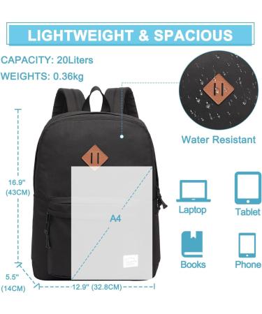 VASCHY Lightweight School Backpack - Water Resistant Casual Daypack for Travel (Black) - Medium Size - Buy Online on GoSupps.com