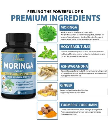 Organic Moringa Extract Capsules 6450mg with Ashwagandha, Tulsi, Ginger, Turmeric | Energy Booster & Immune Support | 90 Capsules - Buy Online on GoSupps.com