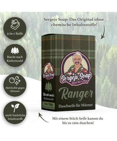 Sergejs Soap - Ranger | 3-in-1 Natural Soap with Activated Carbon | 100% Organic Ingredients | Pine Forest Fragrance | Silicone-Free Natural Cosmetics - Buy Online on GoSupps.com