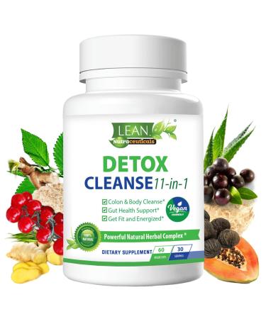 Detox Cleanse 11-in-1 Vegan Full Body Cleaner Super Colon Cleanse Gut Health Support with Psyllium Husk Powder Aloe Ginger Root Fiber Supplement 30 Day Toxin Rid Off Pills for Men Women 60 Capsules