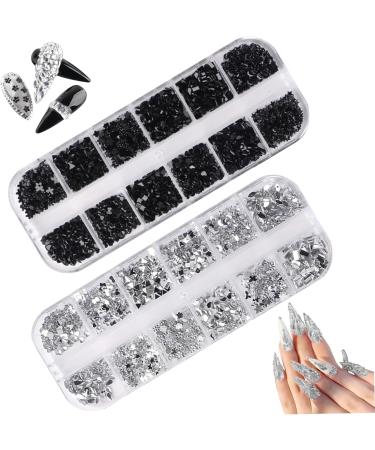 Nail Gems 2 Plates Rhinestones for Nail Art 2 Colors 12 Grids Different Shape 3D Nail Art Gems Dotting Pen Type 2 Beauty Supplies silver+black - Buy Online on GoSupps.com