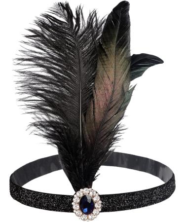 Vintage 1920s Flapper Headband Beaded Tassel Feather Headband Headpiece Black Feather Plastic Glass Hair Band Hair Accessories for Women Ladies Brides Wedding Party Fancy Dress Costume Headwear Black with Gem - Buy Online on GoSupps.com