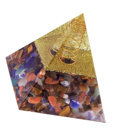 TUMBEELLUWA Orgone Pyramid Energy Generator for Crystal Healing Meditation Chakra Balancing Orgonite Pyramid Stone Figurine for Home Decoration Colorful Chip Stones Colorful Tumbled Stones+Golden Metal