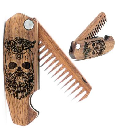 Beard Comb for Men Pocket Folding Combs for Mustache & Hair Travel Natural Wooden Comb with Real Man Engraving - Perfect for Use w/Beard Balm Oil (Skull)